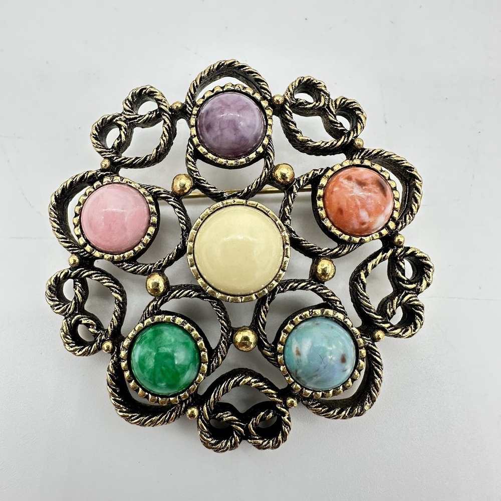 Sarah Coventry Vintage Gold Tone and Multicolor Cabochon Signed Brooch Pin